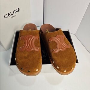 CELINE Brown Suede Mules with Studs and Leather Trim